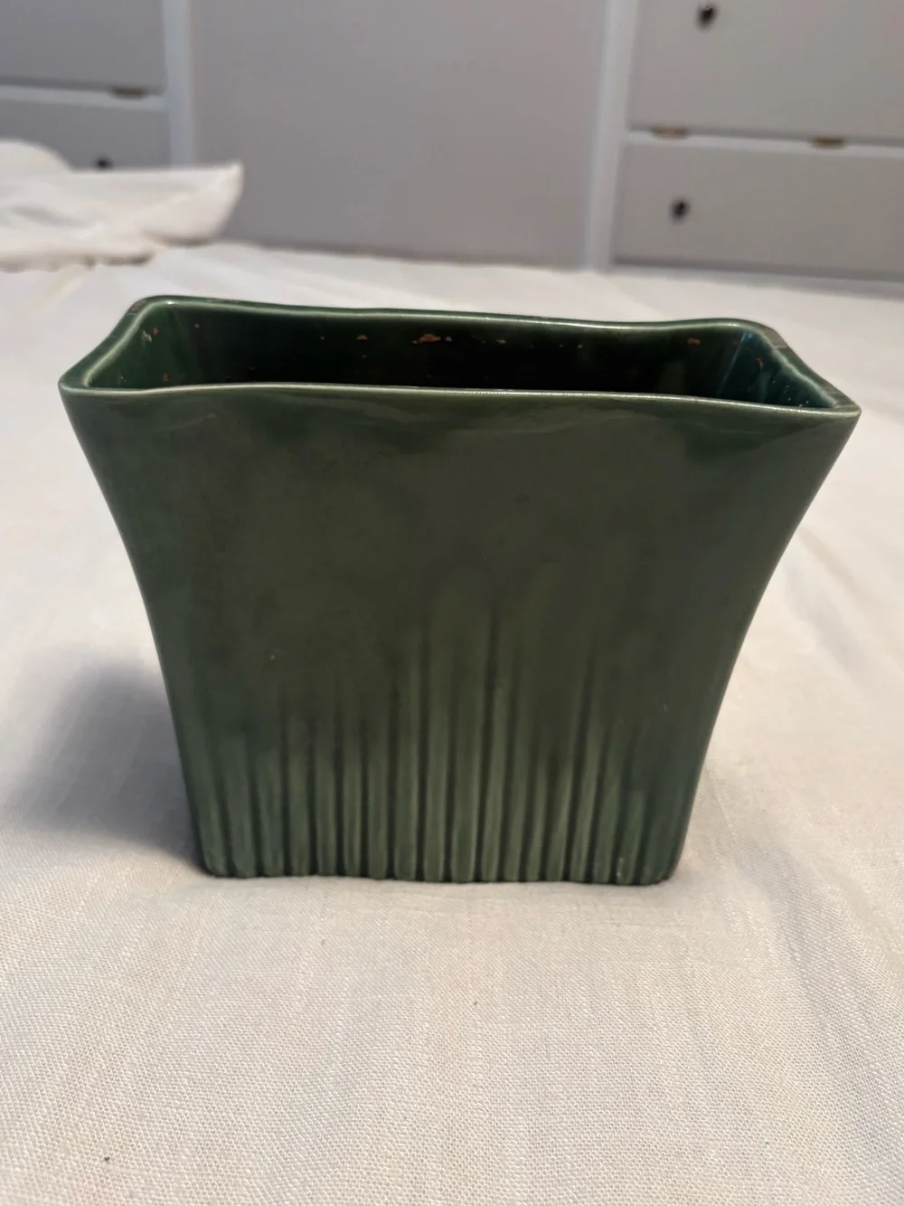 Vintage Green Ribbed Ceramic Planter Mid-Century Pottery USA